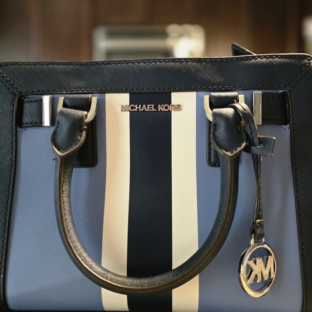 Michael Kors Striped Saffiano Leather Satchel in Navy, Light Blue & White